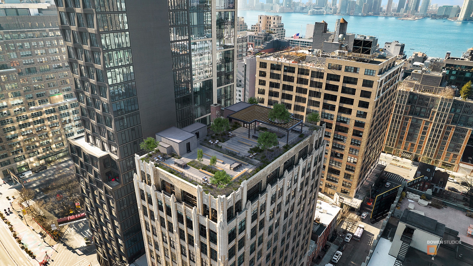 Over head view of skyline and roof tops in New York City