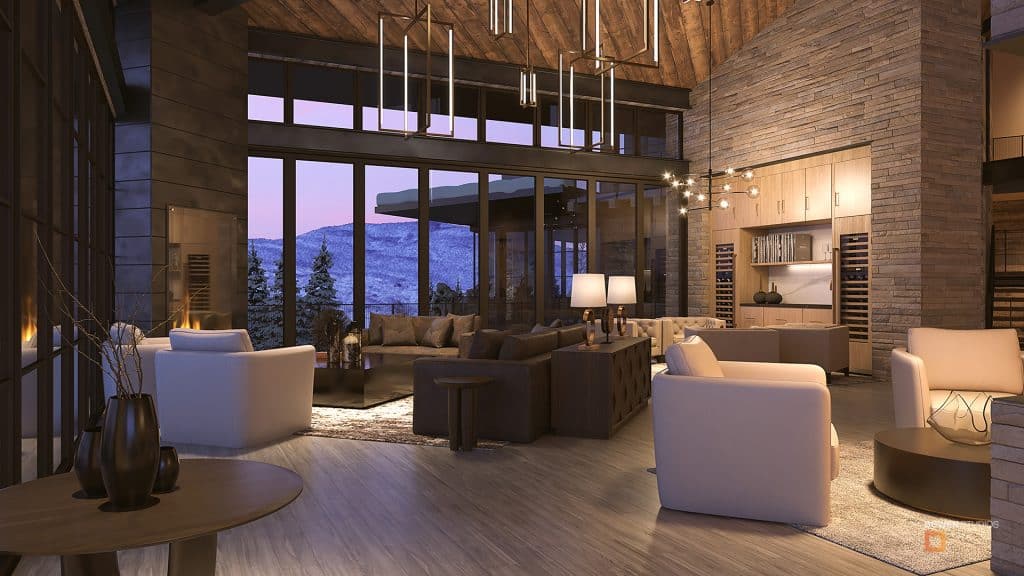 Interior design 3D rendering of ski-in-ski-out property.