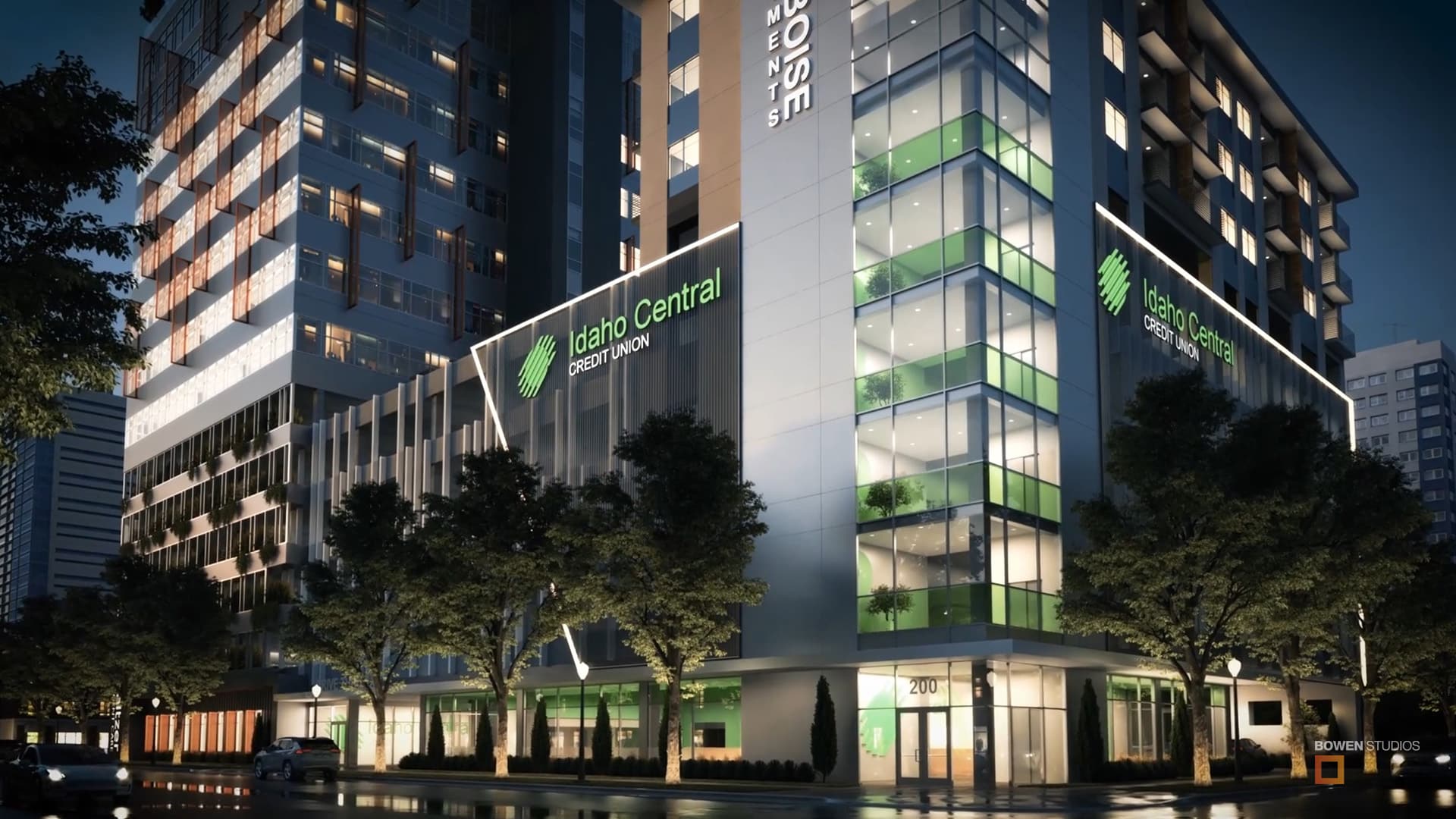 A 3D rendering of the Boise-Idaho Central Credit Union Building at 200 N. 4th Street in Downtown Boise.