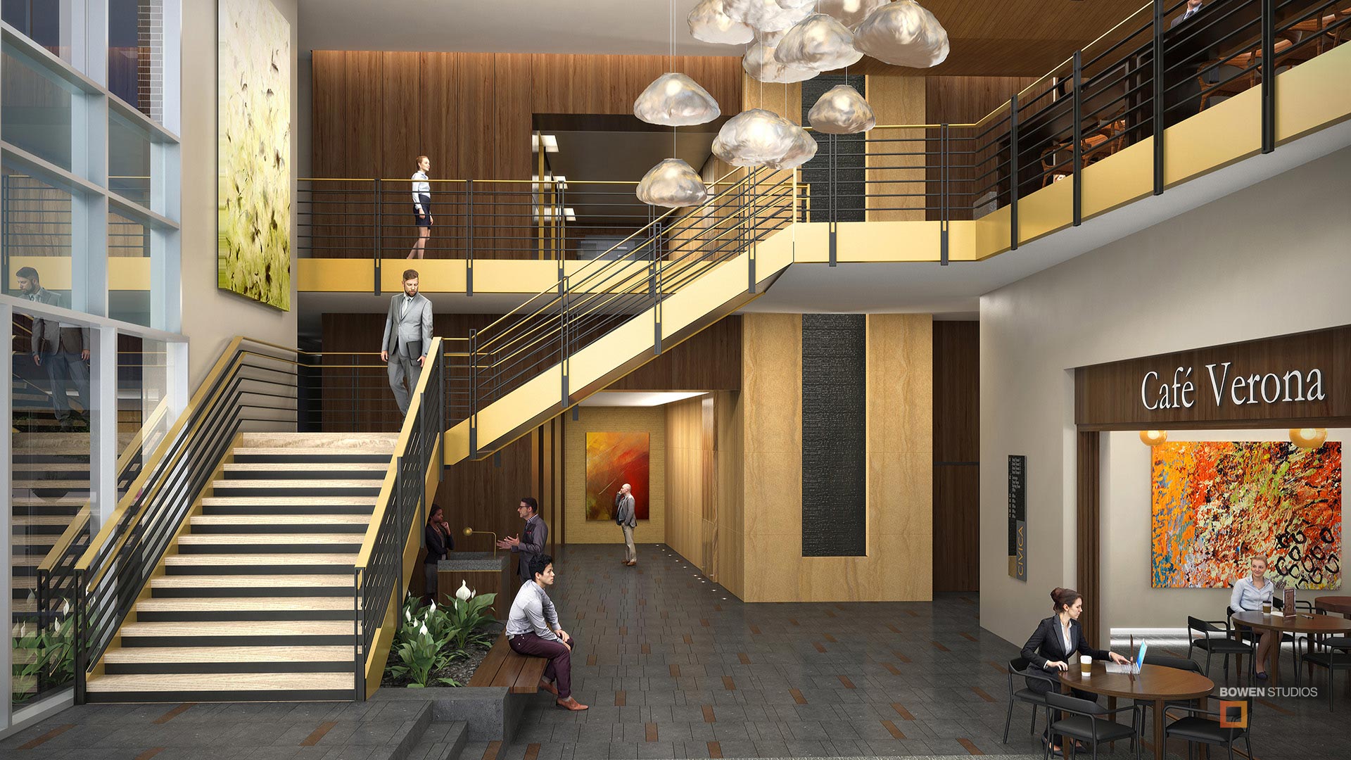 Interior rendering of lobby with coffee shop in Denver.