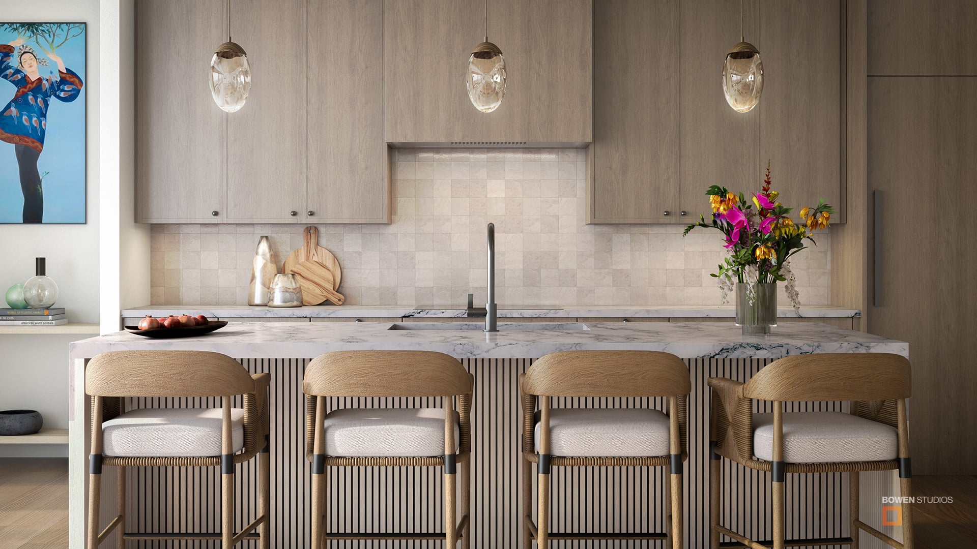 Interior design 3D rendering of island kitchen.