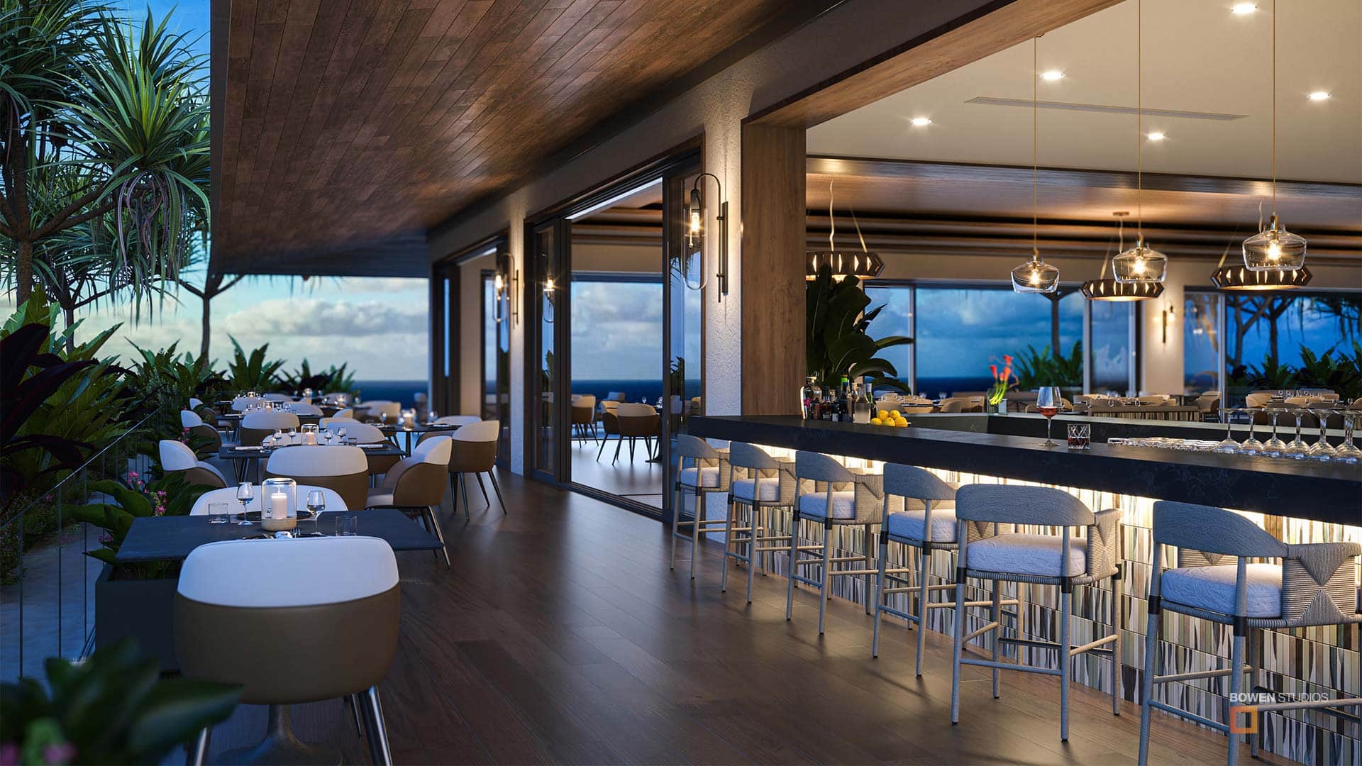 3d rendering of a gourmet restaurant with bar and amazing view.