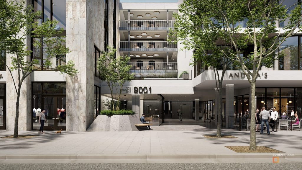 Large multi-use commercial and residential development rendering in Los Angeles.