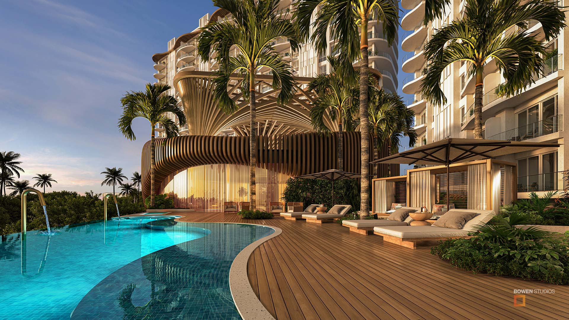 Beautiful 3D rendering of a resort vacation with pool and palm trees.