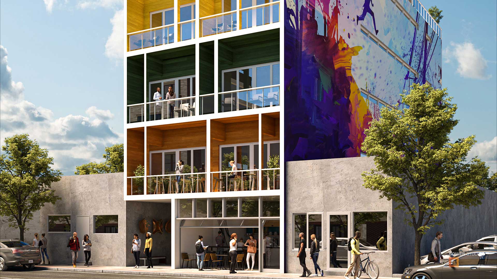 Beautiful apartment building with people on their deck and shopping on the street in Denver, CO.