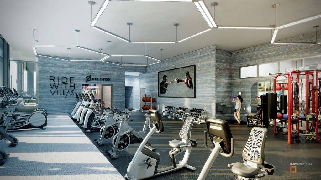3D rendering of a gym with amazing equipment and lighting.