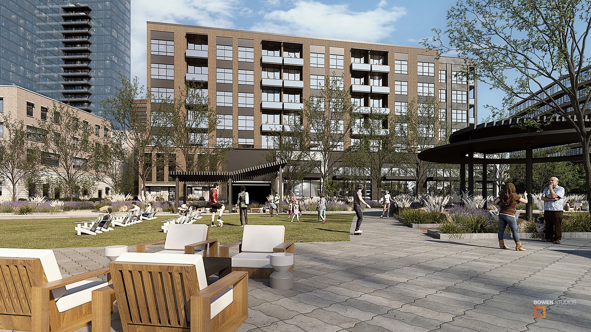 Large city courtyard renderings on summer day.