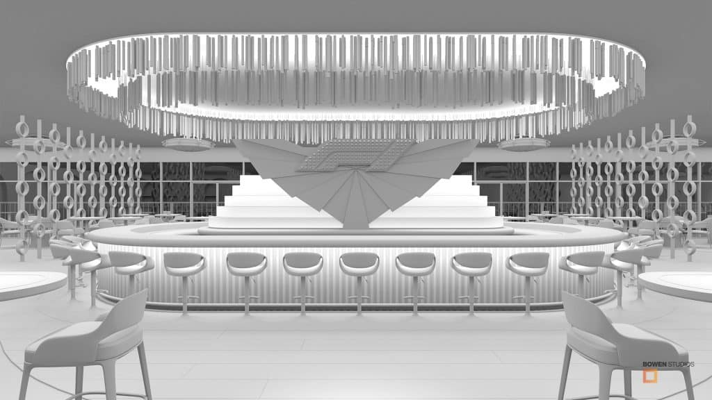 Simple massing illustration of the space evolved from the rough sketch.