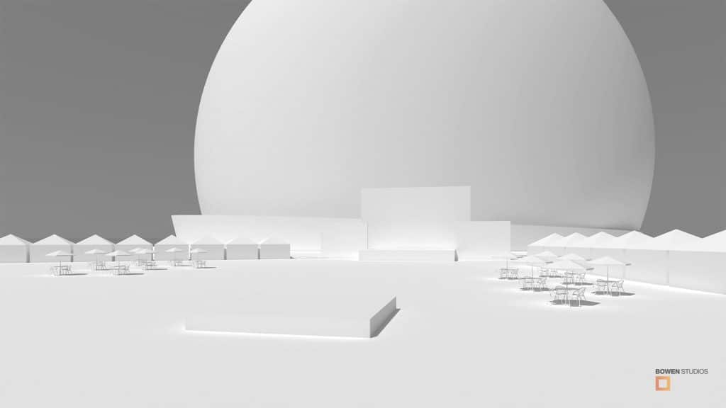 Wide establishing shot of the venue in simple massing shapes to show scale.