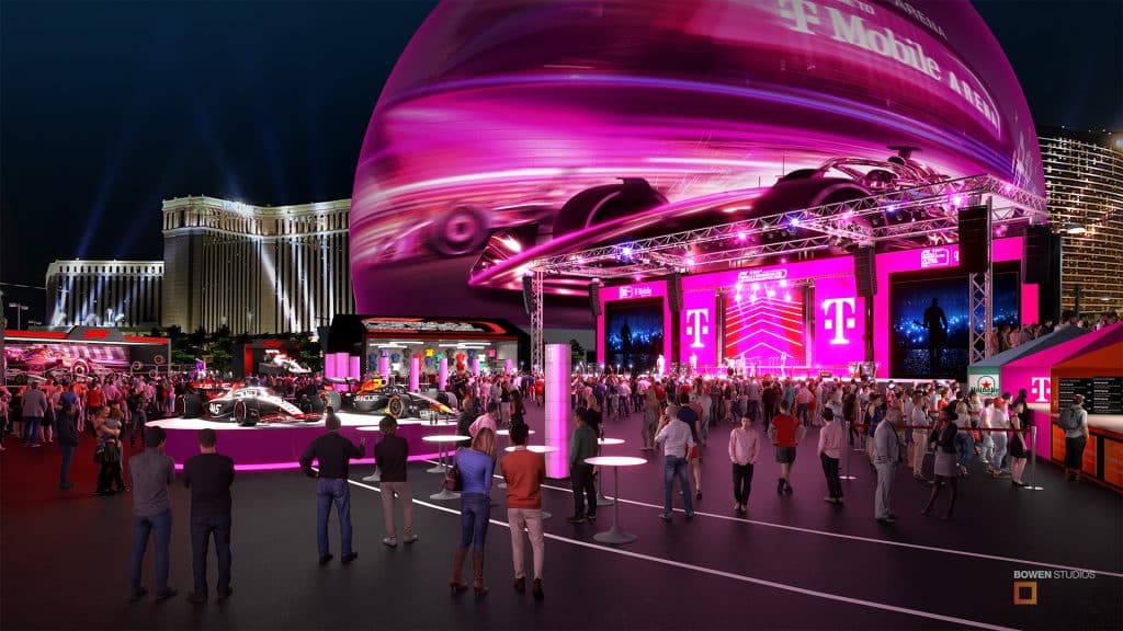 Exterior view of outdoor areas of the venue established for the F1 Race in Las Vegas, NV.