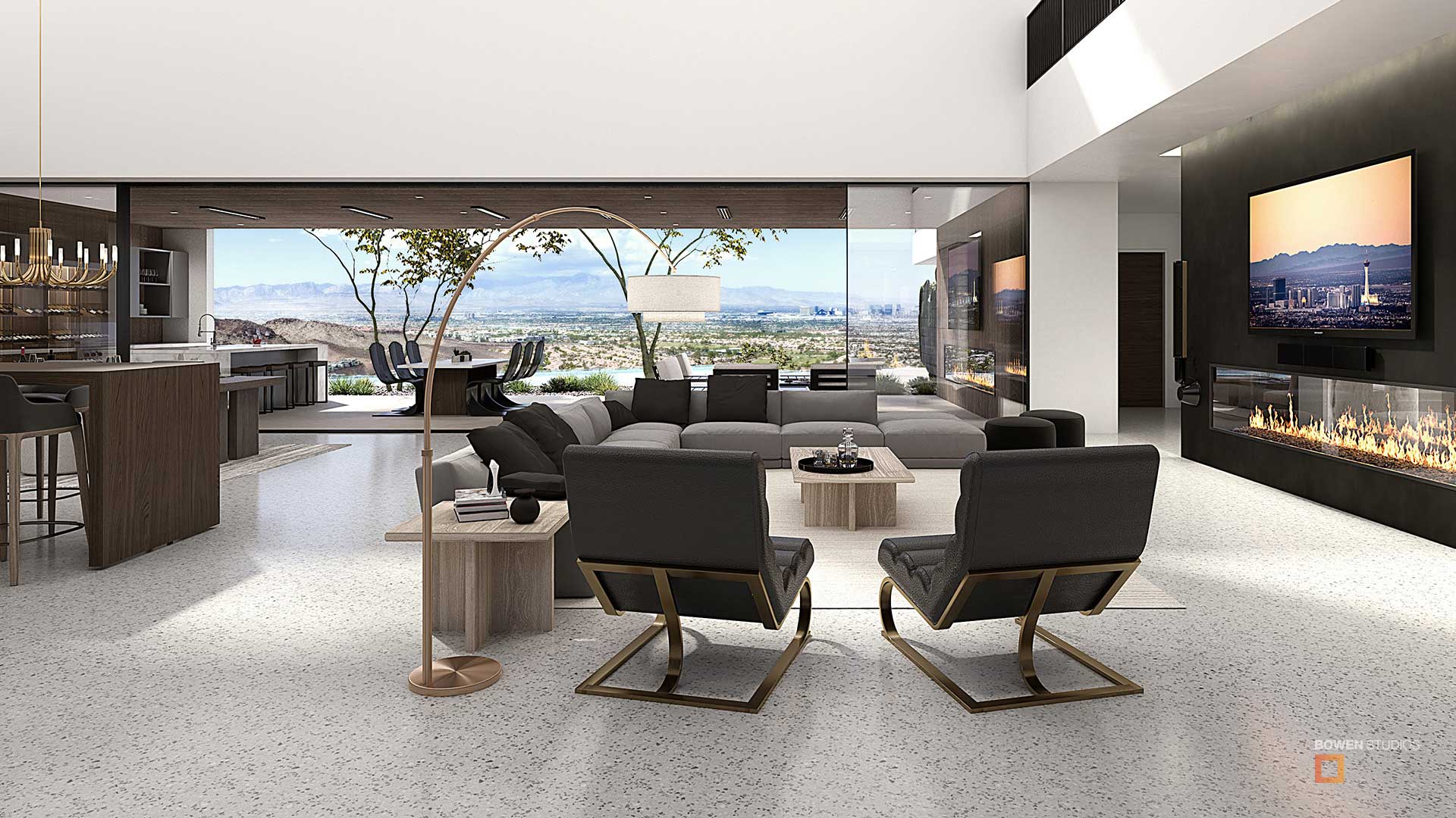 3D rendering of nodern front room seating area with fireplace and open deck to Las Vegas view.