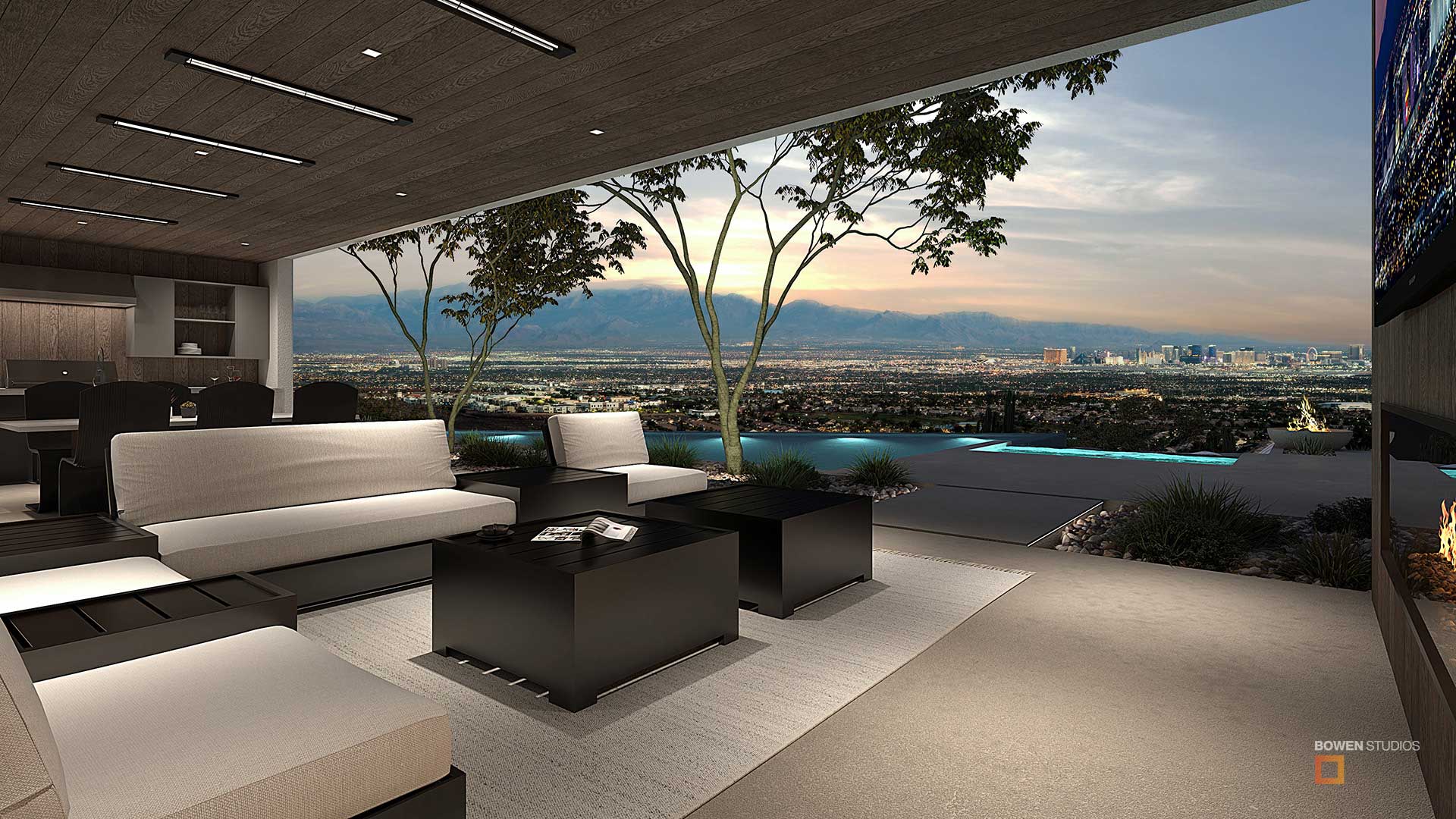 Sofa and coffee tables with open air access to outside infinity pool with Las Vegas in the background view.