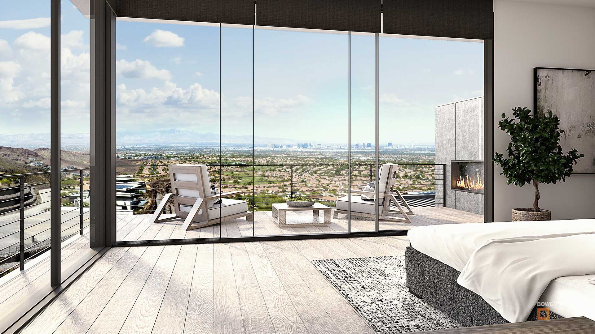 Clean 3D rendering of bedroom with deck and outside fire and seating overlooking Las Vegas.