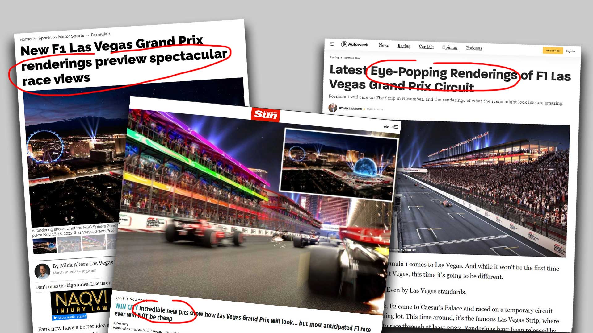 Three screen shots of articles about the collaboration of Bowen studios and the Las Vegas Formula 1 Race and 3d Renderings