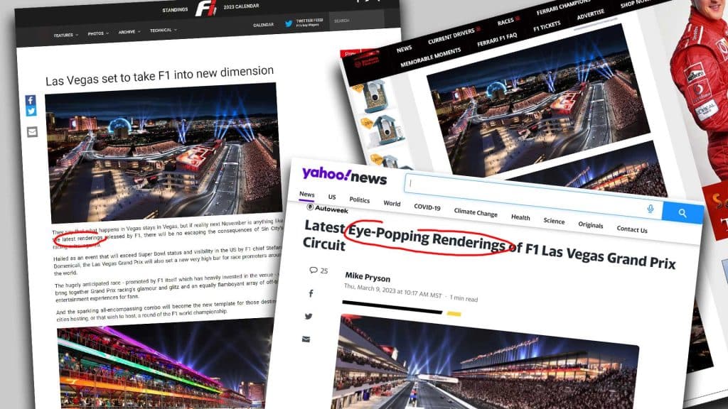 Three screen shots of articles about Bowen studios and F1 Racing for the Las Vegas Race and 3d Renderings