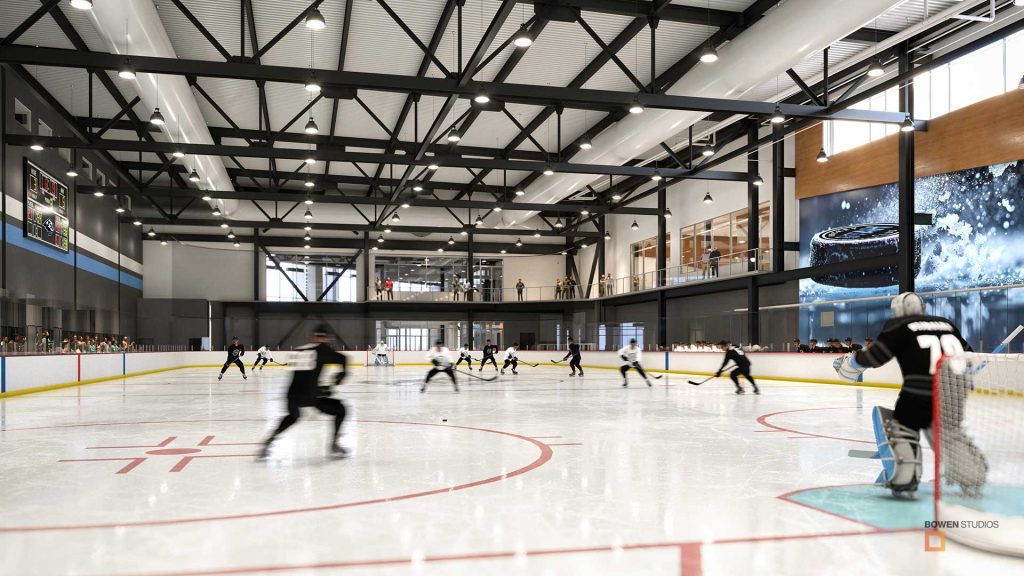 3D rendering of indoor ice rink with Hockey game view from behind the Goalie.