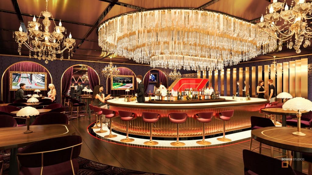 Interior rendering of luxurious bar with massive glass chandelier over the entire bar.