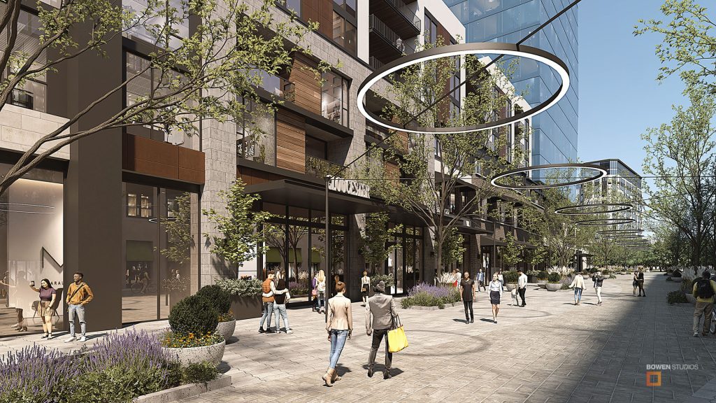 3D rendering of people shopping in the new Vineyard business area.