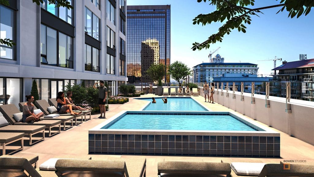 Men and women hanging out by the high rise condo pool in 3D rendering.