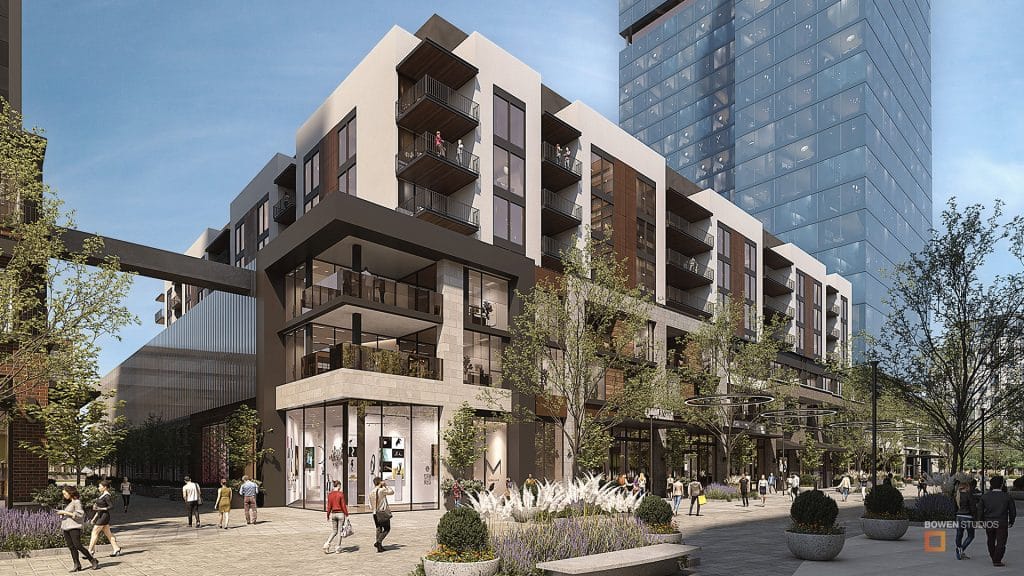 Mixed 3D rendering use with living above and shopping at ground level.