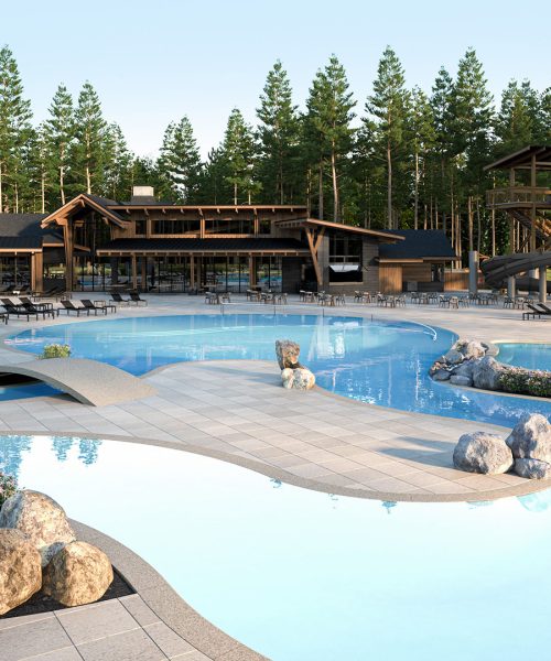 Exterior rendering of large pool and water slide in a wooded mountain area.