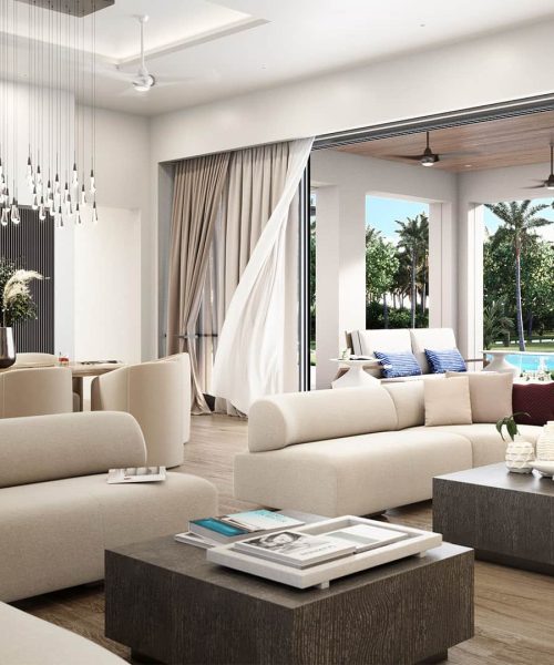3D rendering of luxury homes interior with retracting wall and curtains blowing in the wind.