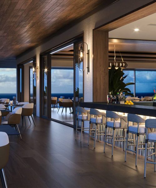 3D rendering of interior restaurant in Hawaii with beautiful ocean views.