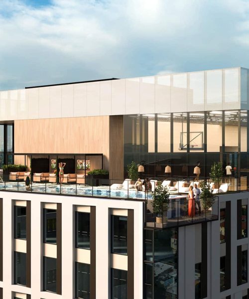 3D rendering of the top of a tall building with a open air pool and people enjoying the view.