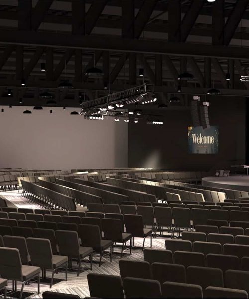 Beautiful 3D rendering of a seating area for a large conference.