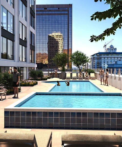Men and women hanging out by the high rise condo pool in 3D rendering.