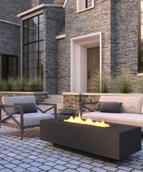 Exterior 3D rendering of patio seating area with outdoor fire pit.