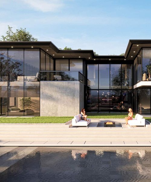 High resolution rendering of a custom luxury home with two women sitting by the pool.