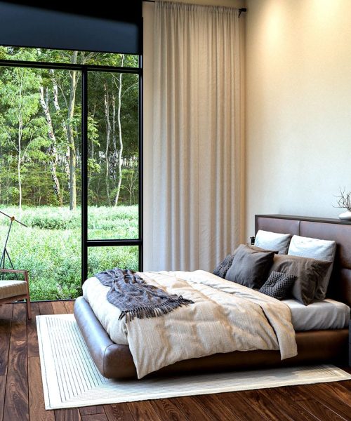 Beautiful 3D rendering of open bedroom with floor to ceiling windows and stunning views of nature.