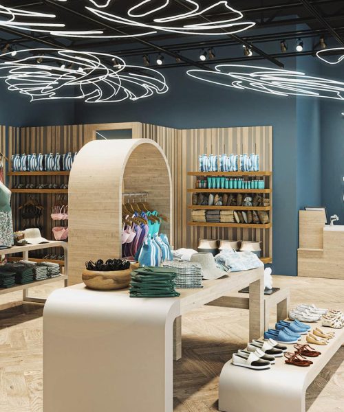 3D interior rendering beach boutique in Hawaii.