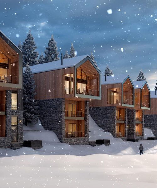 Five snow chalets with ski in and out access rendered in 3D