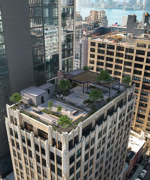 Over head view of skyline and roof tops in New York City