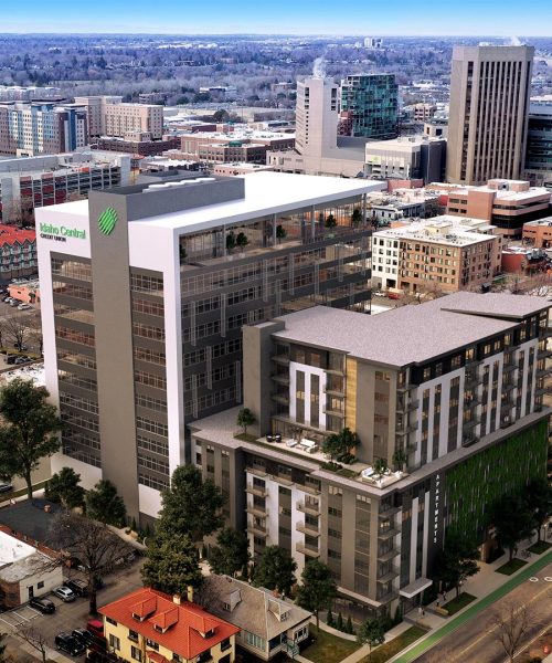 Aerial view of the high-rise residential and mixed-use building named the Boise Tower.