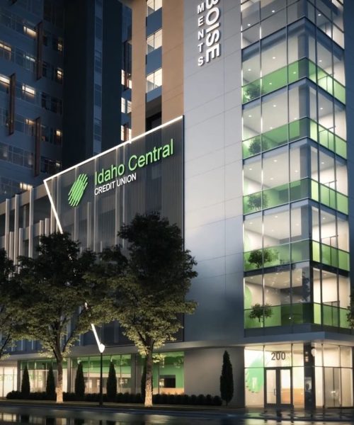 A 3D rendering of the Boise-Idaho Central Credit Union Building at 200 N. 4th Street in Downtown Boise.