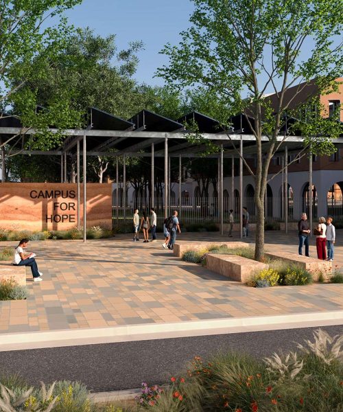 3D rendering of a campus with children in the courtyard.