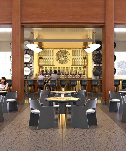 Interior 3D rendering of the new Gold Bar Whiskey tasting bar.