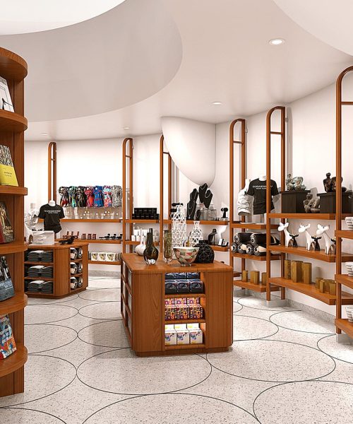 Guggenheim rotunda entry with gifts and designer items in New York City.