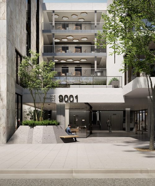 Large multi-use commercial and residential development rendering in Los Angeles.