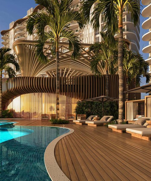 Beautiful 3D rendering of a resort vacation with pool and palm trees.