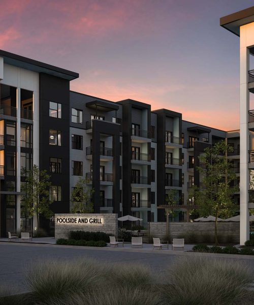 Image of multi-family housing apartment building in the sunset.