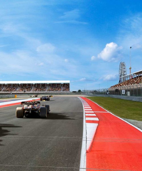 3d Rendering of an outdoor track with f1 cars racing on track.